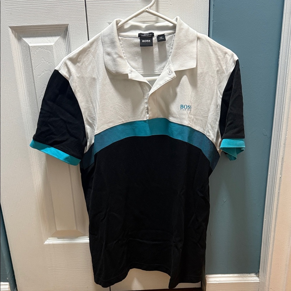 Boss Colorblock Polo in White, Black & Teal